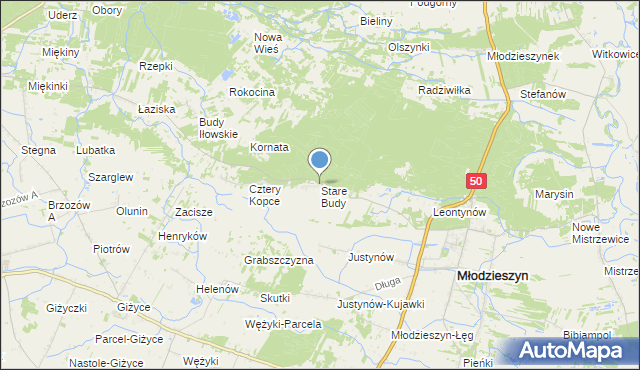 mapa Stare Budy, Stare Budy gmina Młodzieszyn na mapie Targeo